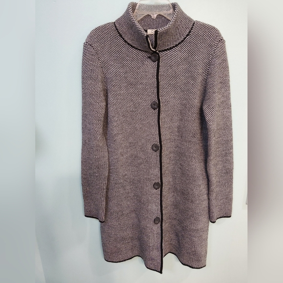 Cocogio Wool Italian Long Cardigan Size Large Coat Black And White Buttons - Picture 1 of 10
